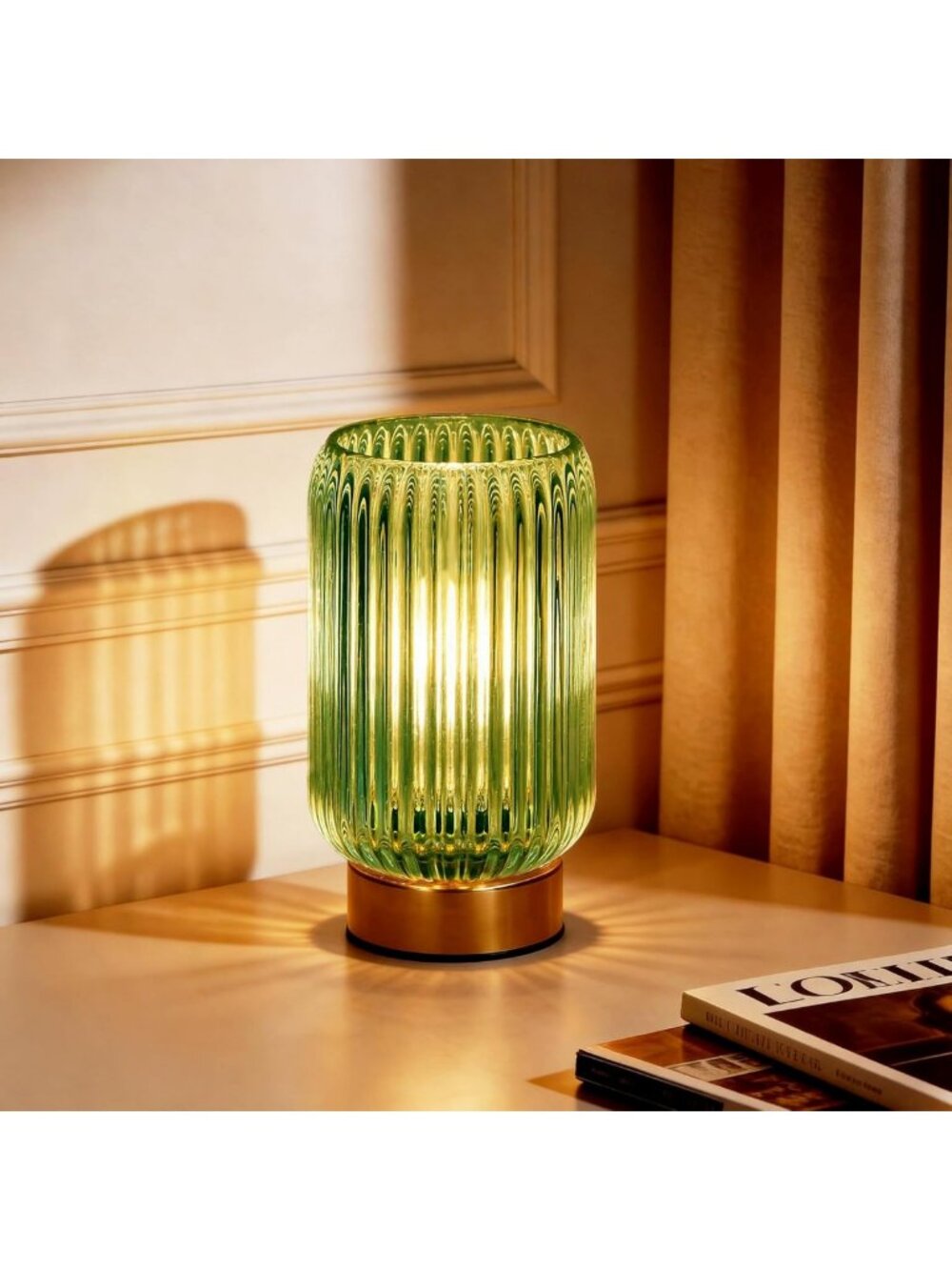 Cordless Battery Operated Lamp with Timer, Green Glass Shade, Small Table Light